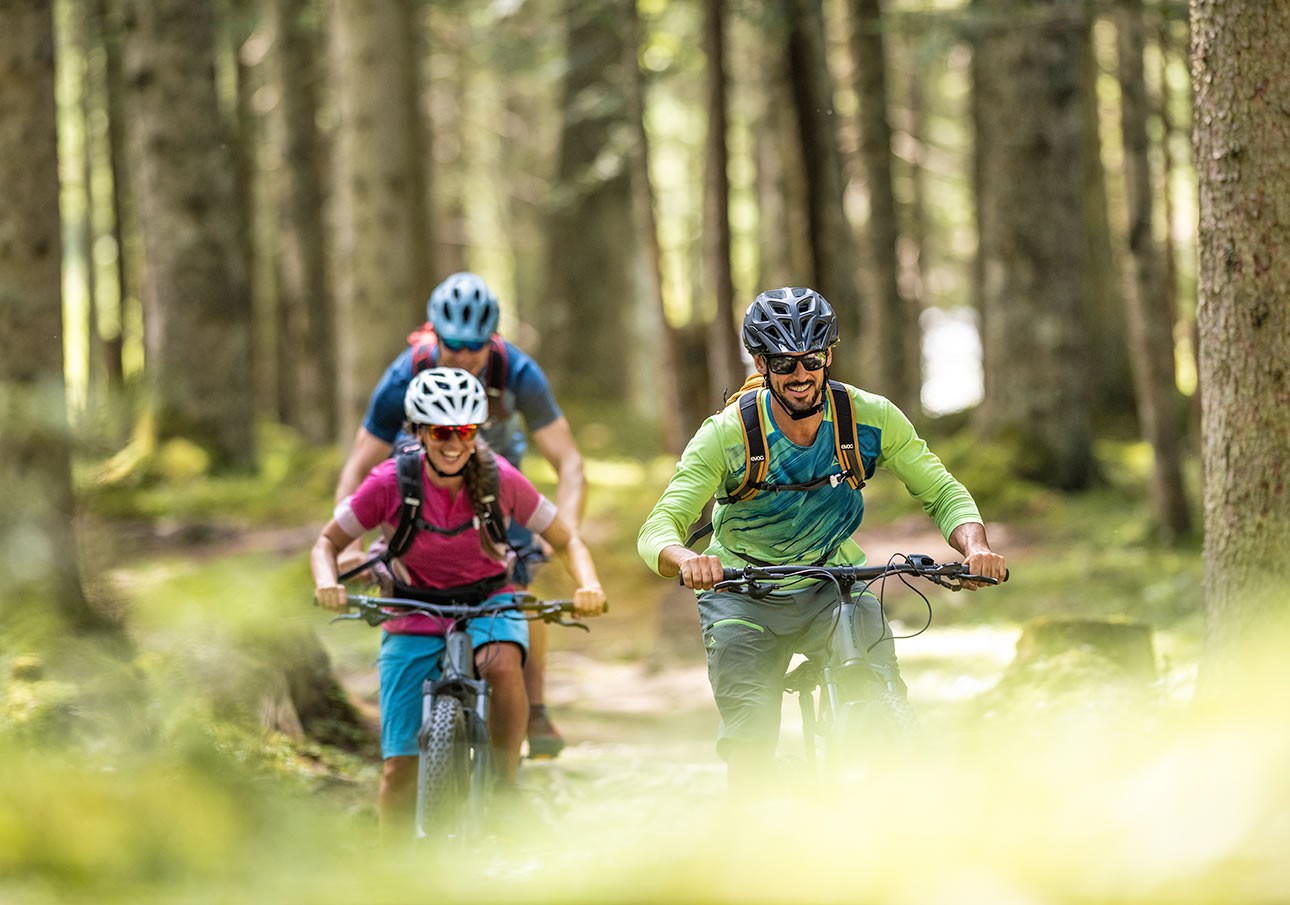 Three cyclists riding through a sunlit forest trail
