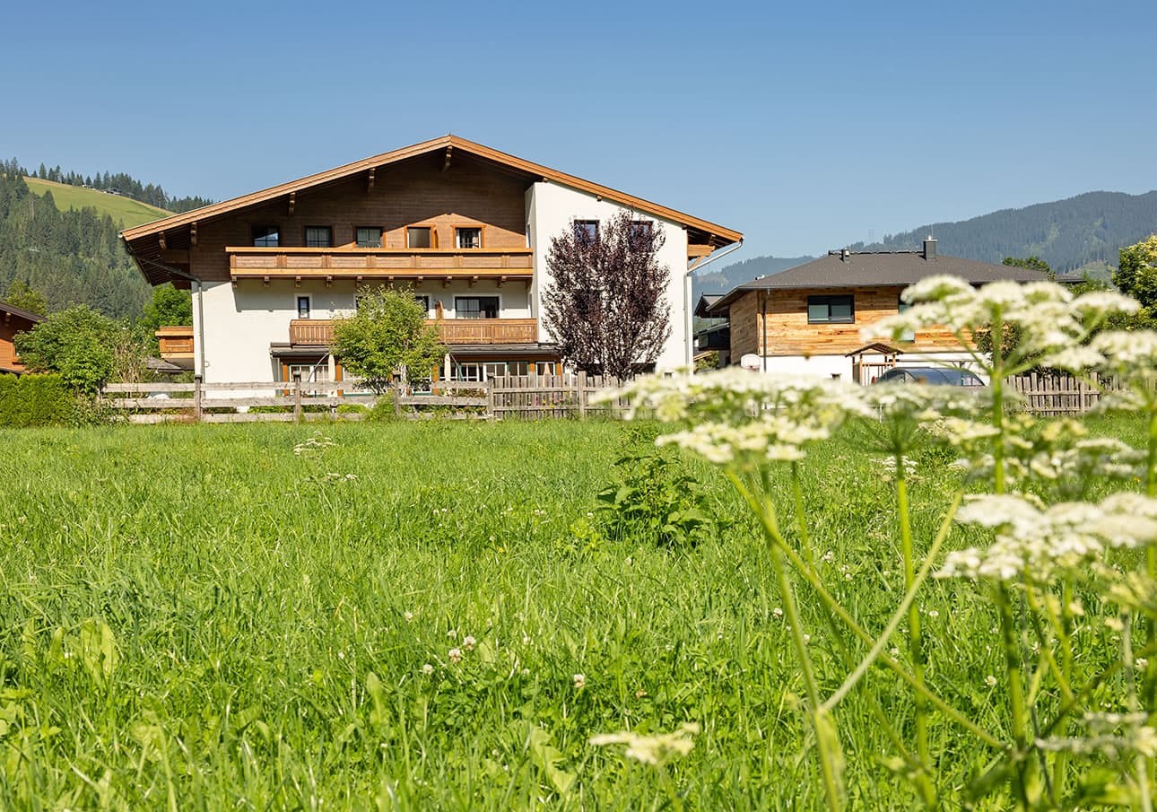 Ferienhaus Oberreiter stands amidst a lush green meadow under a clear blue sky